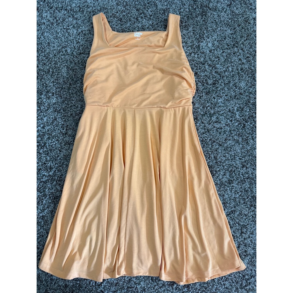 Lands End Peach Modal Square Neck Fit & Flare Midi Dress Pockets Medium 10-12
